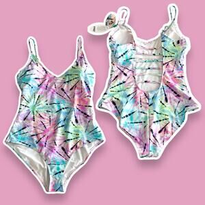 Bingo Surf Bathing Swim Suit Large 1-Piece Strappy Back Pastel Tie Dye NEW NWT
